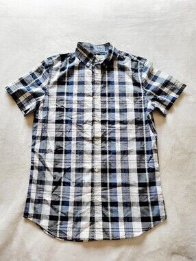 Old Navy Mens Classic Button Down Slim Fit Blue Plaid Short Sleeve Shirt - Small